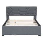 Linen Upholstered Platform Bed Frame with Trundle and Brick Pattern Headboard