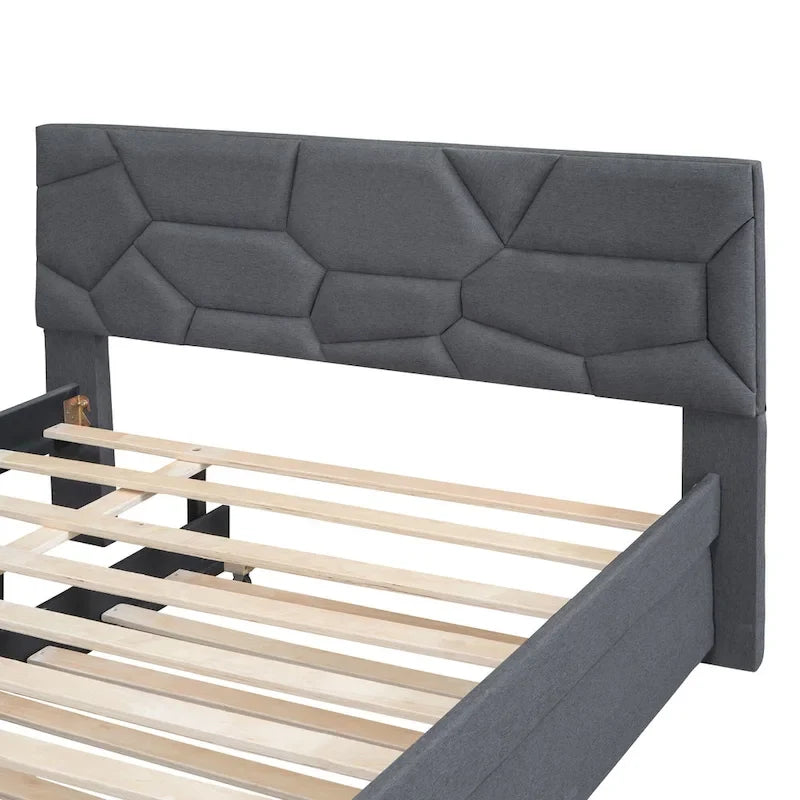 Linen Upholstered Platform Bed Frame with Trundle and Brick Pattern Headboard