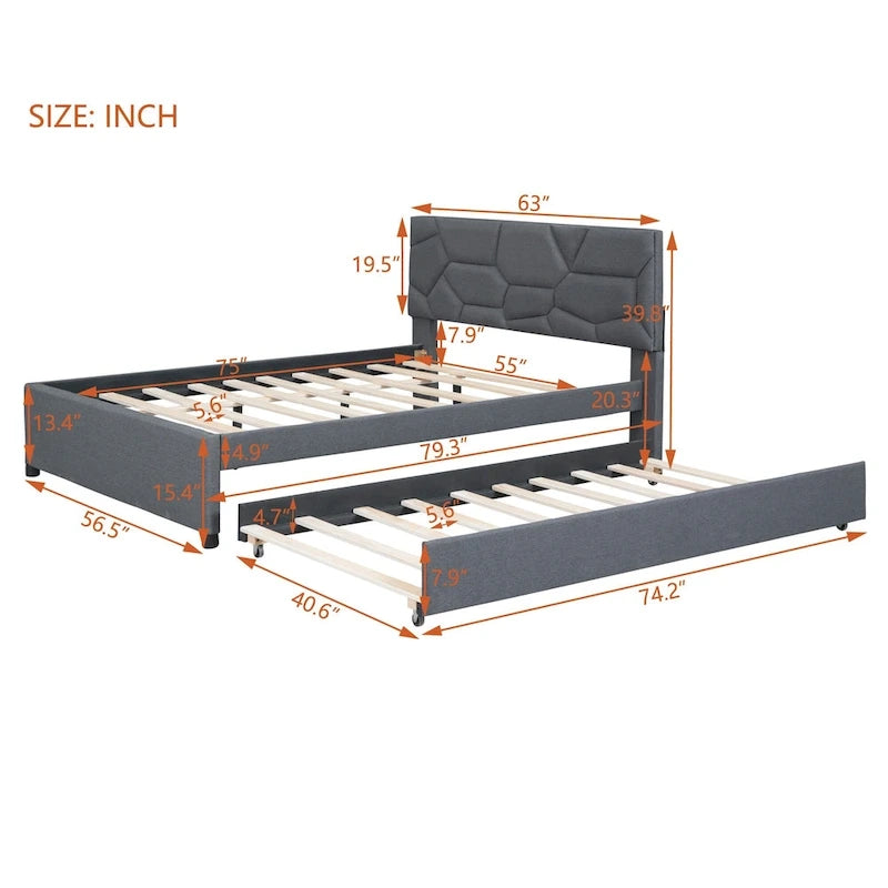 Linen Upholstered Platform Bed Frame with Trundle and Brick Pattern Headboard
