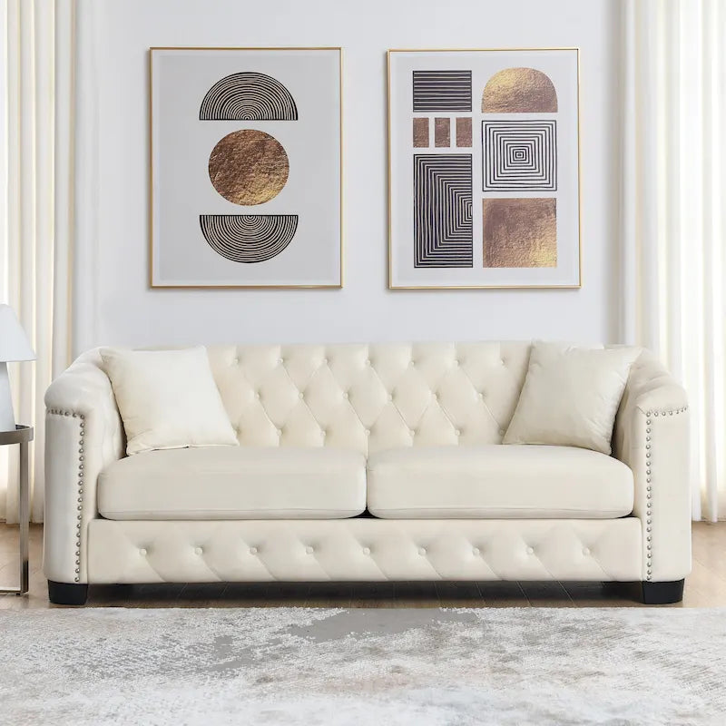 77 Chesterfield Velvet Button-tufted 3-Seater Sofa with Nailhead Decoration