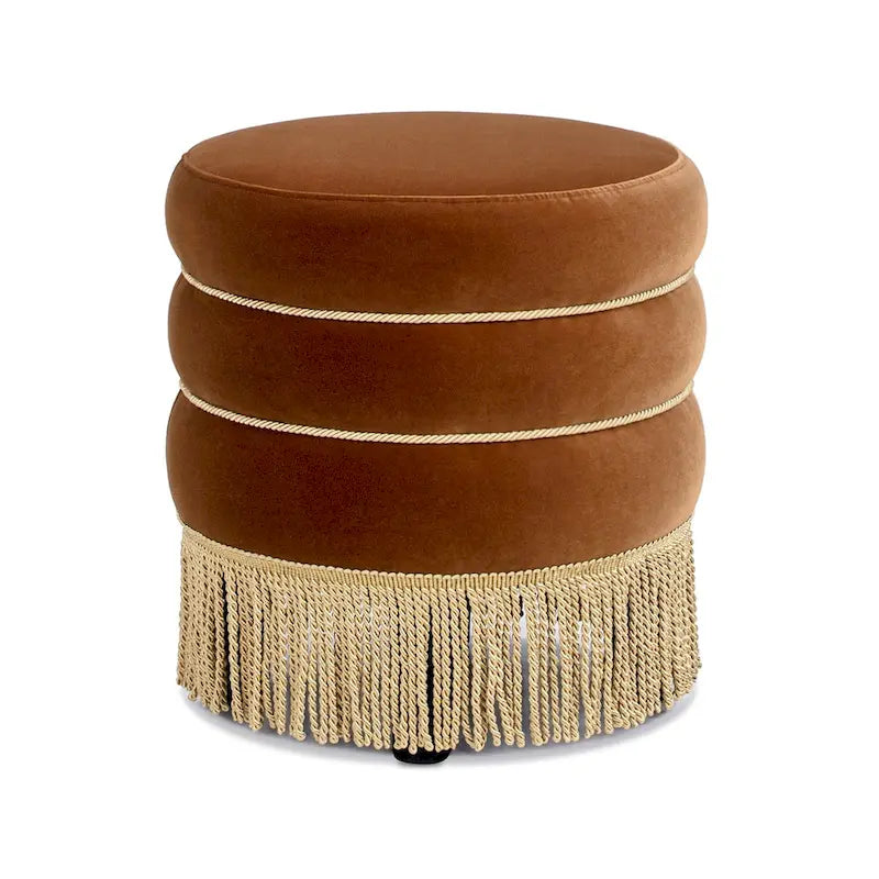 Edward 17.5 Round Upholstered Ottoman with Gold Bullion Fringe