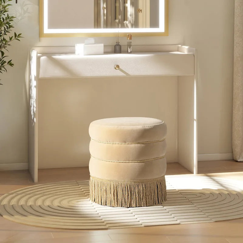 Edward 17.5 Round Upholstered Ottoman with Gold Bullion Fringe