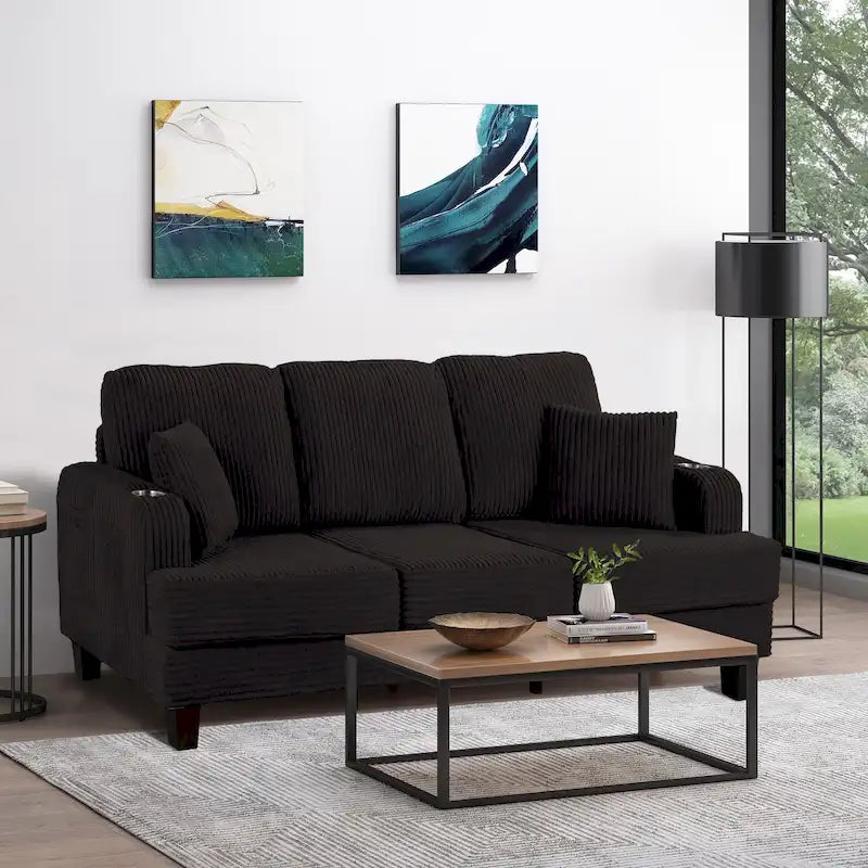 85 Modern Corduroy Rectangle 3-seater Sofa with USB and 2 Pillows