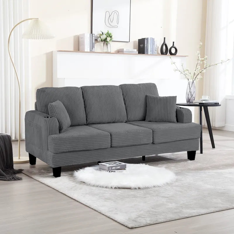 85 Modern Corduroy Rectangle 3-seater Sofa with USB and 2 Pillows
