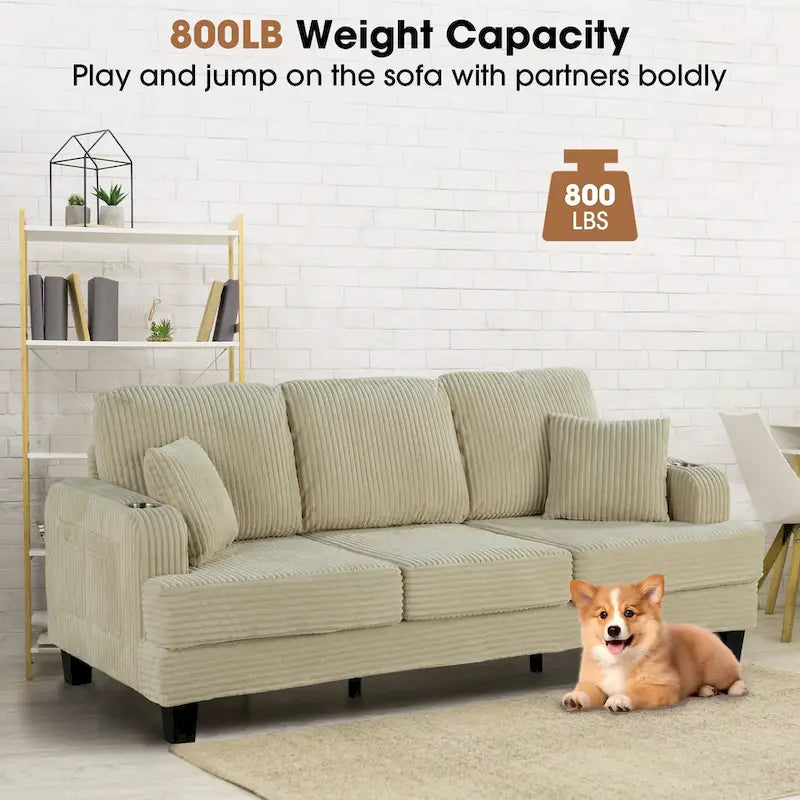 85 Modern Corduroy Rectangle 3-seater Sofa with USB and 2 Pillows