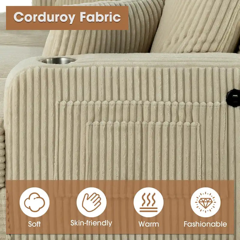 85 Modern Corduroy Rectangle 3-seater Sofa with USB and 2 Pillows