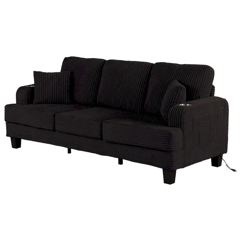 85 Modern Corduroy Rectangle 3-seater Sofa with USB and 2 Pillows