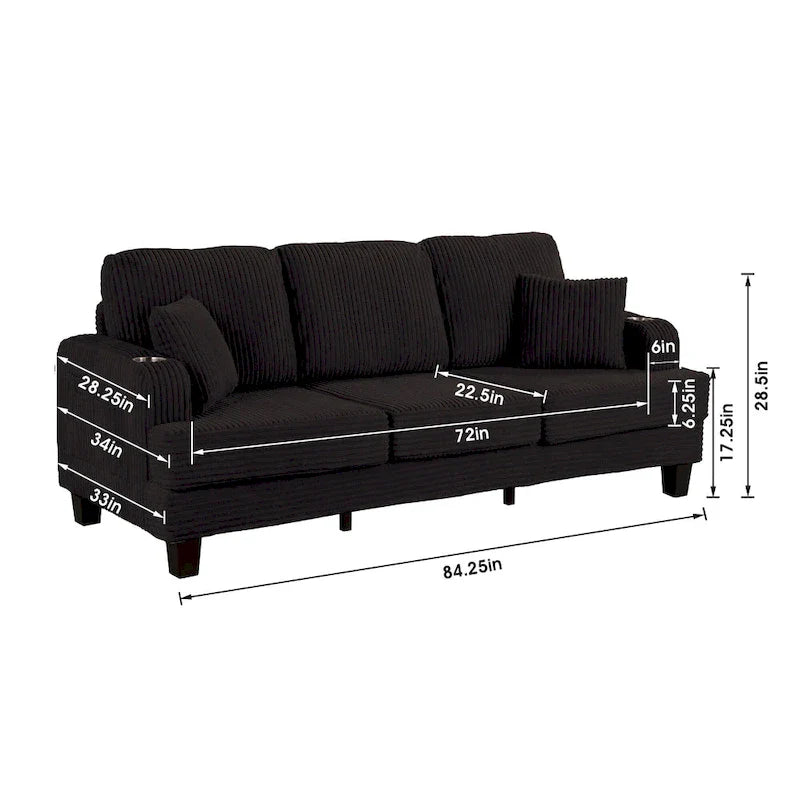85 Modern Corduroy Rectangle 3-seater Sofa with USB and 2 Pillows