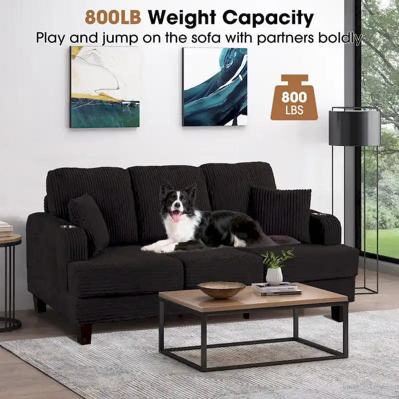 85 Modern Corduroy Rectangle 3-seater Sofa with USB and 2 Pillows