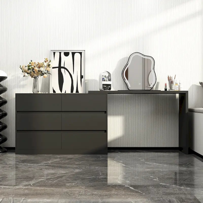 32.7H Rotating Dresser and Desk 6 Drawer Dresser Makeup Vanity White/Black