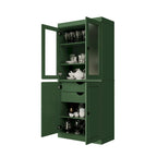 100% Solid Wood Pantry Cabinet with Frosted Glass Doors, Solid Doors, 2-Drawers and Adjustable Shelves