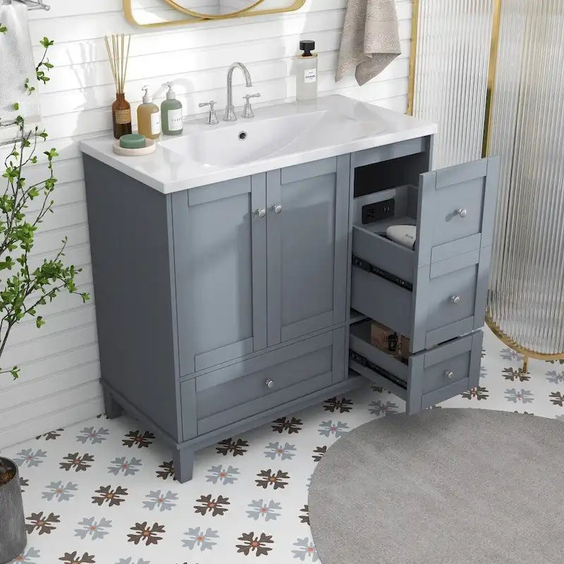 36 Inch Bathroom Vanity with USB Charging, Resin Sink, Solid Wood Frame, 3 Drawers Storage