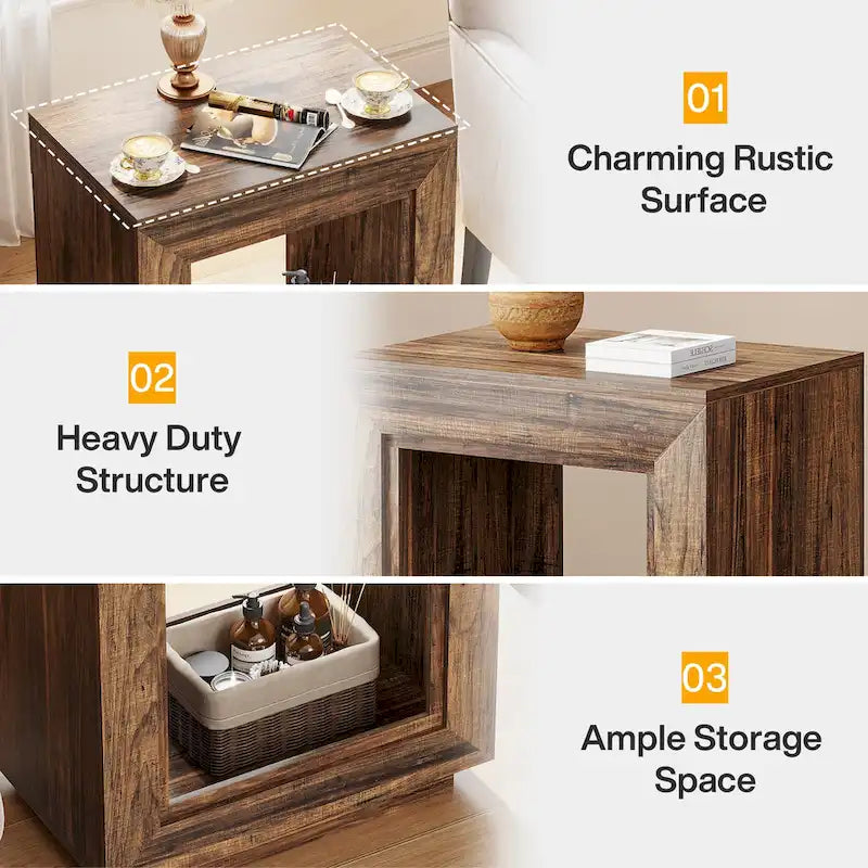 Wood End Table with Storage, Walnut Nightstands for Living Room, Bedroom
