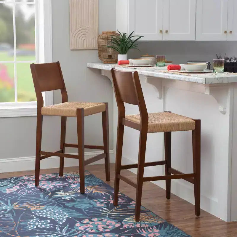 Set of 2 29" Clara Handwoven Seagrass Seat Barstools Brown Wood Finish - Powell