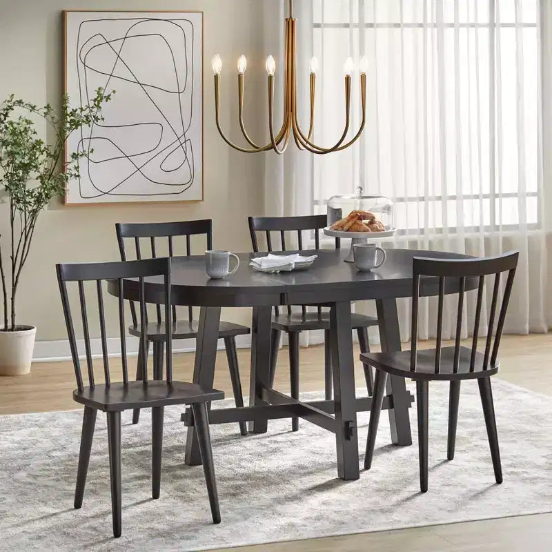 Lifestorey 5pc Edmonton Farmhouse Extendable Dining Set with Solid Wood Chairs Matte Black