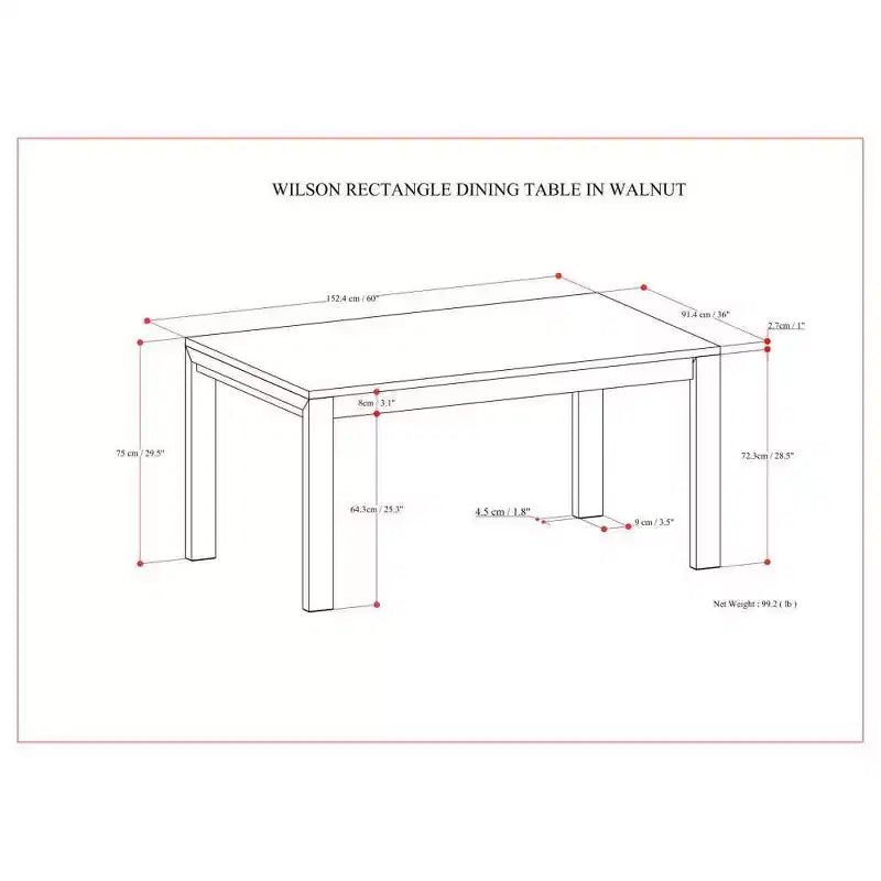 WyndenHall Saige Rectangle Dining Table Walnut Veneer: Contemporary Style, Seats 6, Non-Extension