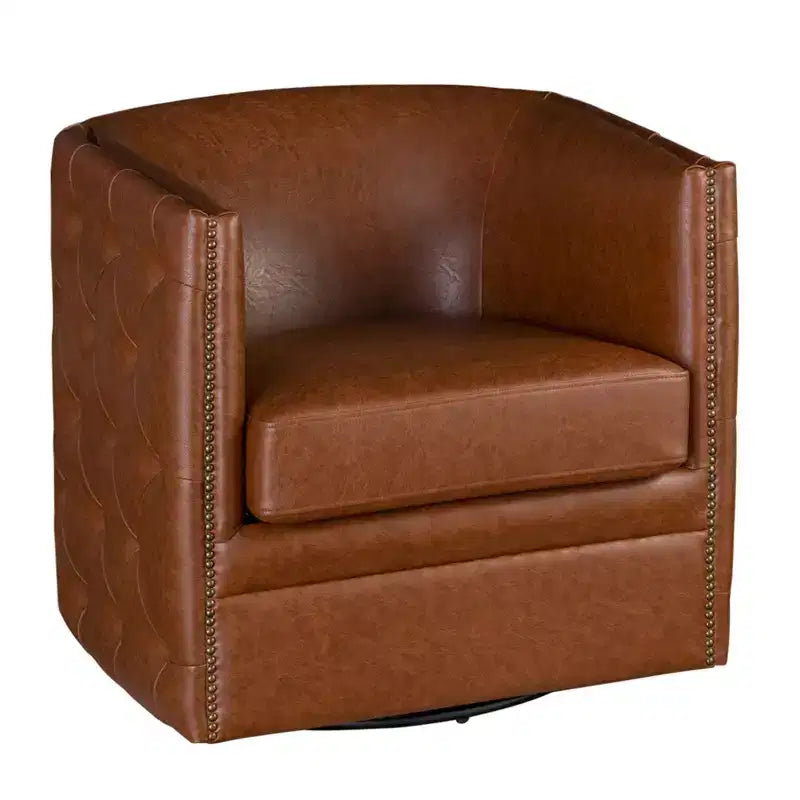 Milton Tufted Barrel Swivel Chair Brown - Madison Park: Upholstered, No Assembly, Bronze Plated Finish