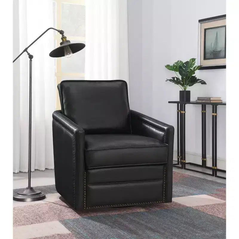 30" Rocha Accent Chair Black Leather Aire: Swivel, Removable Cushions, Faux Leather, Wood Frame, Contemporary Style