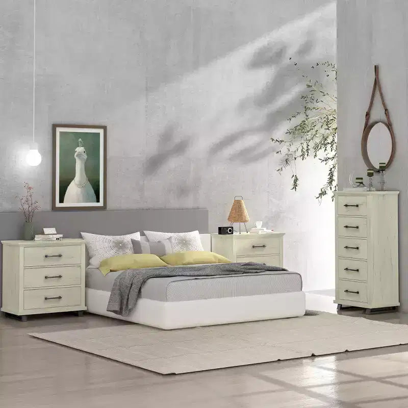 Festivo 3pc Contemporary 24" 5 Drawer Chest and 3 Drawer Nightstand Set Saw Cut Off-White: MDF, Metal Legs, Anti-Tip