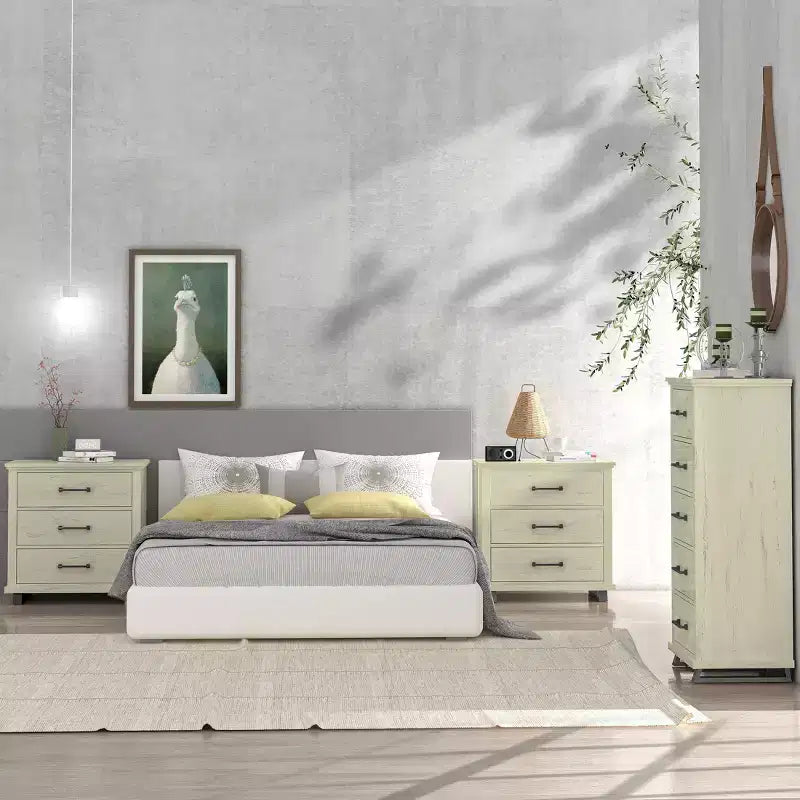 Festivo 3pc Contemporary 24" 5 Drawer Chest and 3 Drawer Nightstand Set Saw Cut Off-White: MDF, Metal Legs, Anti-Tip