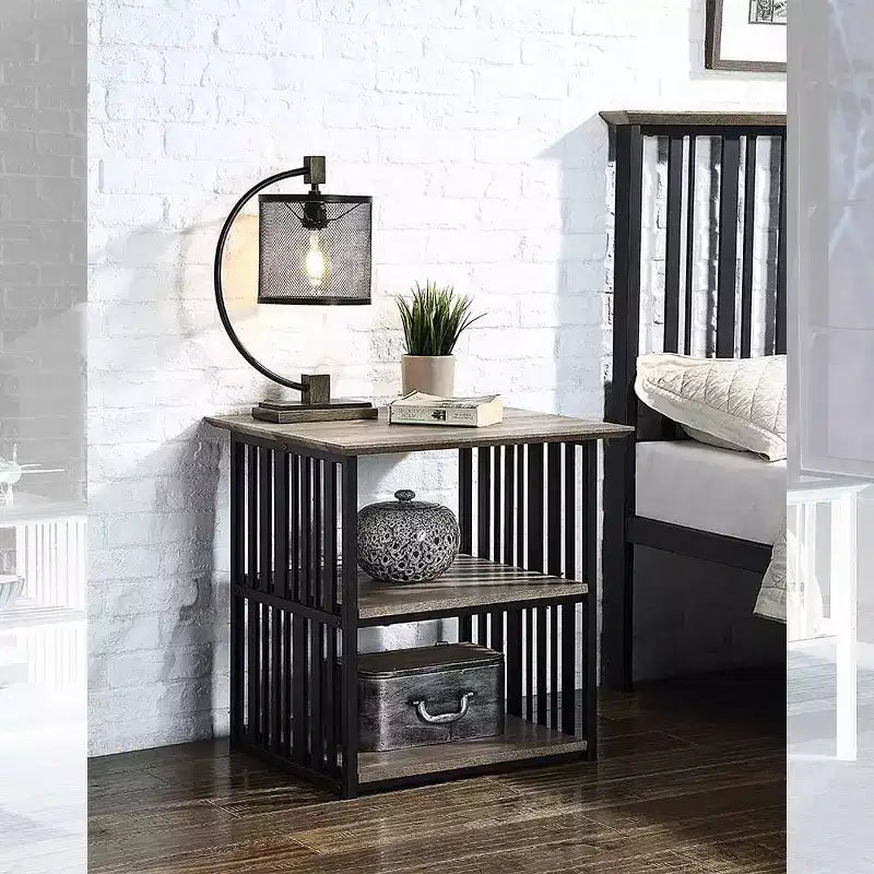 22" Zudora Nightstand Antique Oak and Black Finish - Acme Furniture: Metal Frame, Open Shelf, No Assembly Required