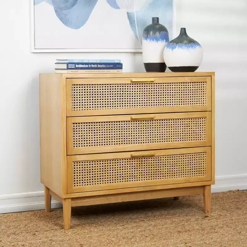 Olivia & May 32" Wood Cabinet: Rattan Cane Drawers, Gold Accents, No Assembly Required
