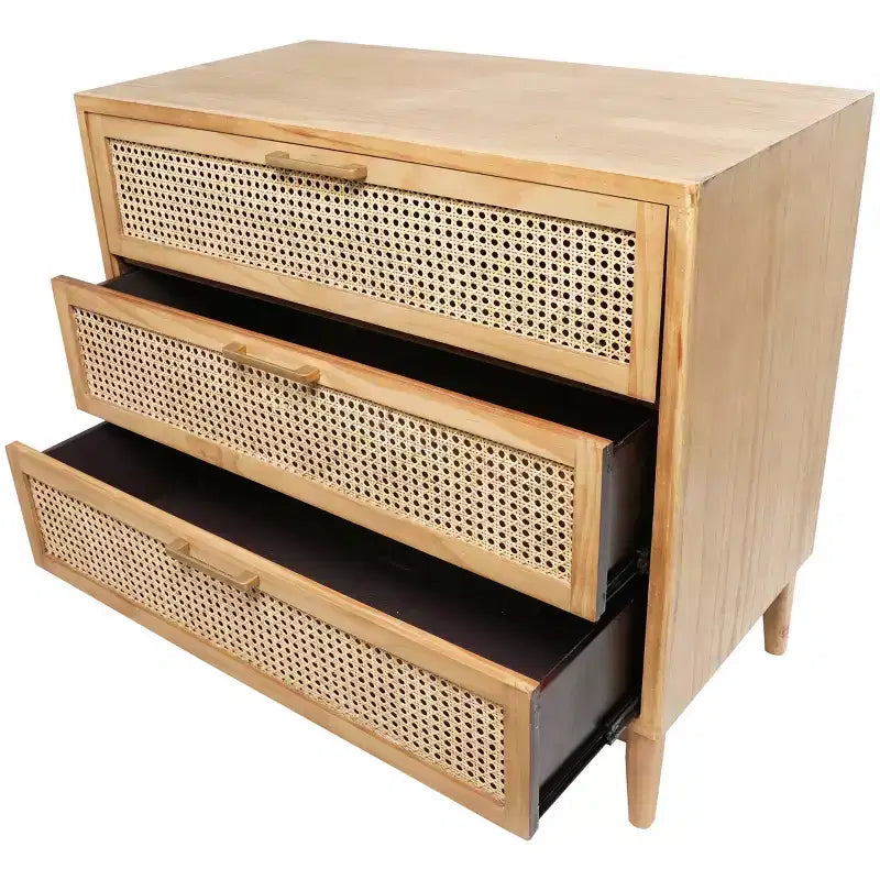 Olivia & May 32" Wood Cabinet: Rattan Cane Drawers, Gold Accents, No Assembly Required
