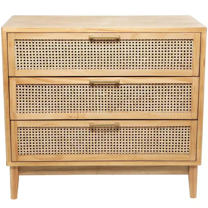 Olivia & May 32" Wood Cabinet: Rattan Cane Drawers, Gold Accents, No Assembly Required