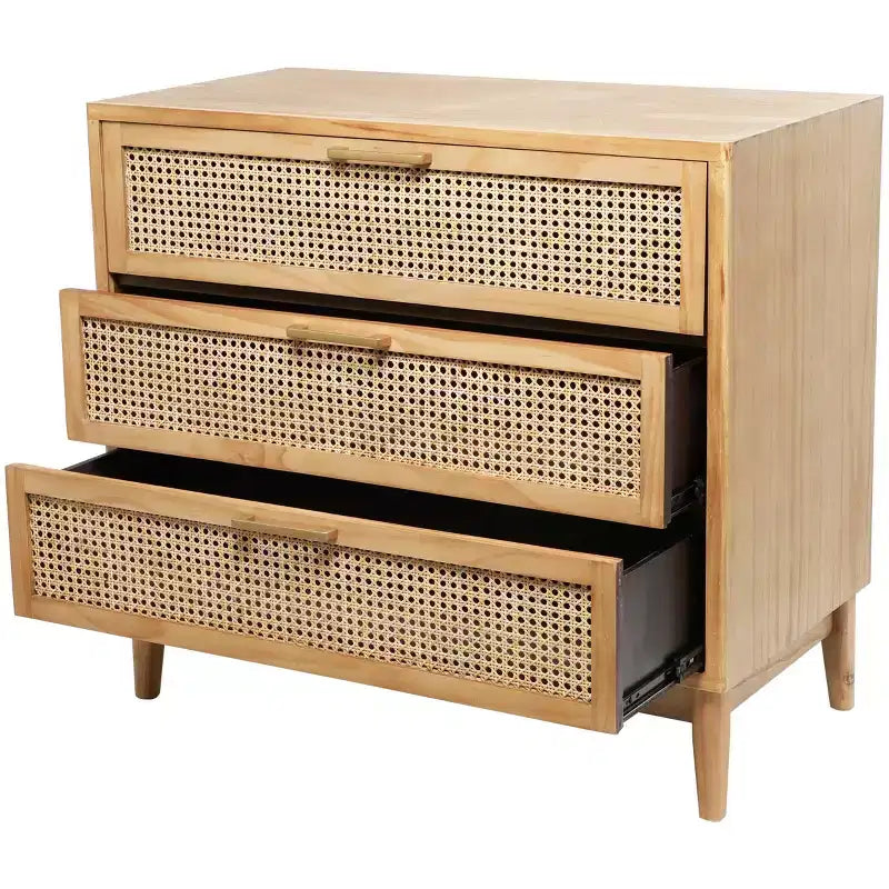 Olivia & May 32" Wood Cabinet: Rattan Cane Drawers, Gold Accents, No Assembly Required