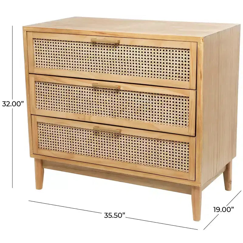 Olivia & May 32" Wood Cabinet: Rattan Cane Drawers, Gold Accents, No Assembly Required