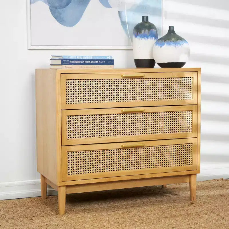 Olivia & May 32" Wood Cabinet: Rattan Cane Drawers, Gold Accents, No Assembly Required