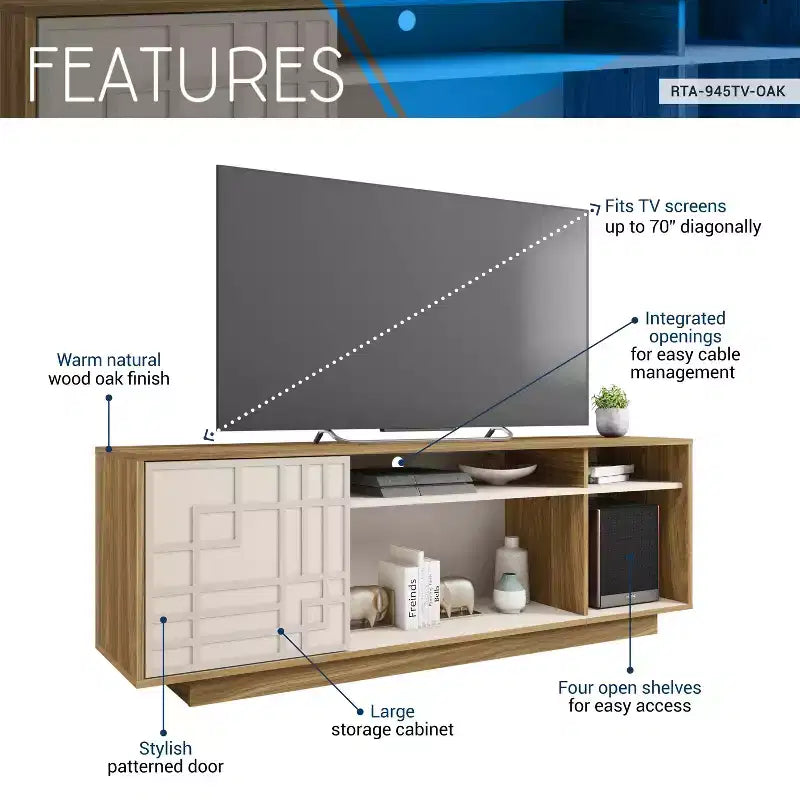 Techni Mobili Contemporary TV Stand for TVs up to 70" Oak: Modern Entertainment Center with Storage, Cable Management