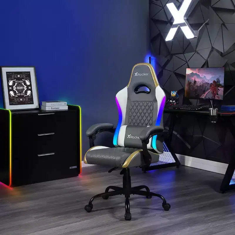 X Rocker RGB LED Extra Comfort Ergonomic PC Gaming Chair Gray/White/Gold