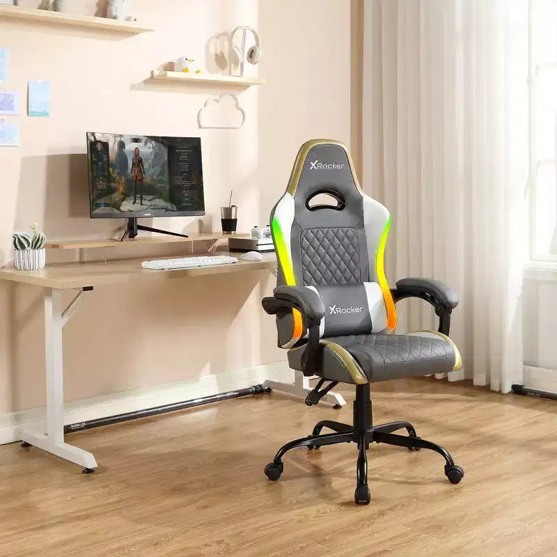 X Rocker RGB LED Extra Comfort Ergonomic PC Gaming Chair Gray/White/Gold