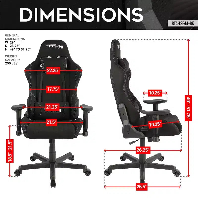 Fabric Ergonomic High Back Racer Style Video Gaming Chair Black - Techni Sport: Office, Swivel, Lumbar Support
