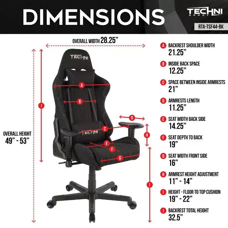 Fabric Ergonomic High Back Racer Style Video Gaming Chair Black - Techni Sport: Office, Swivel, Lumbar Support