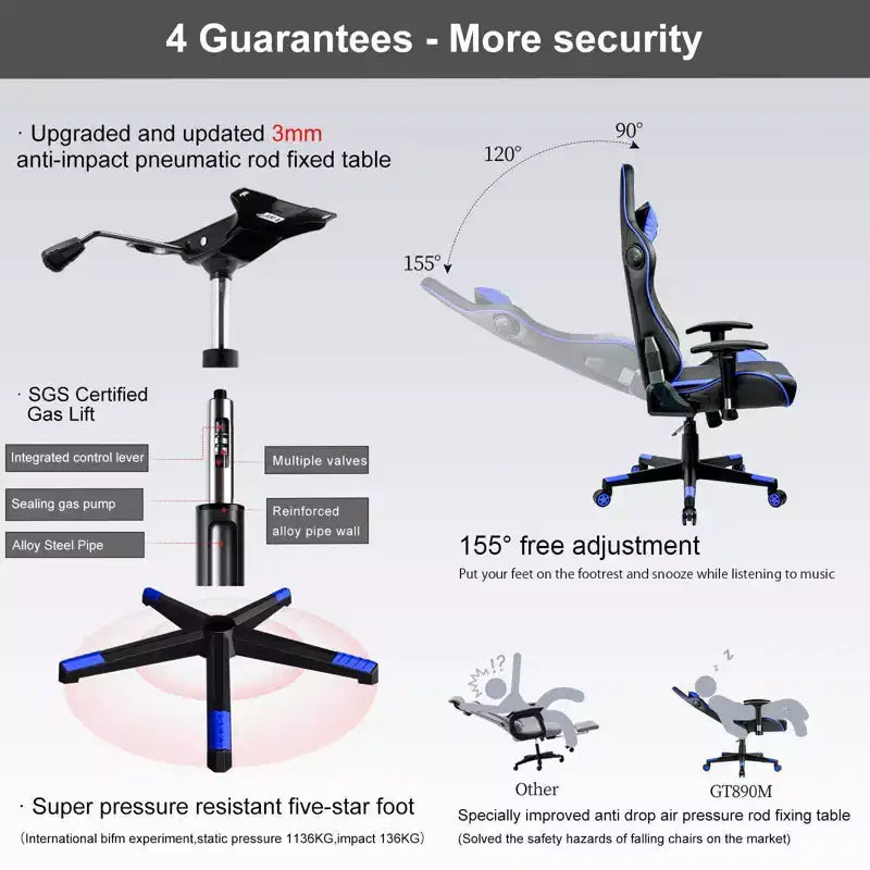 GTRACING Gaming Chair with Bluetooth Speakers High Back PU Office Chair Blue