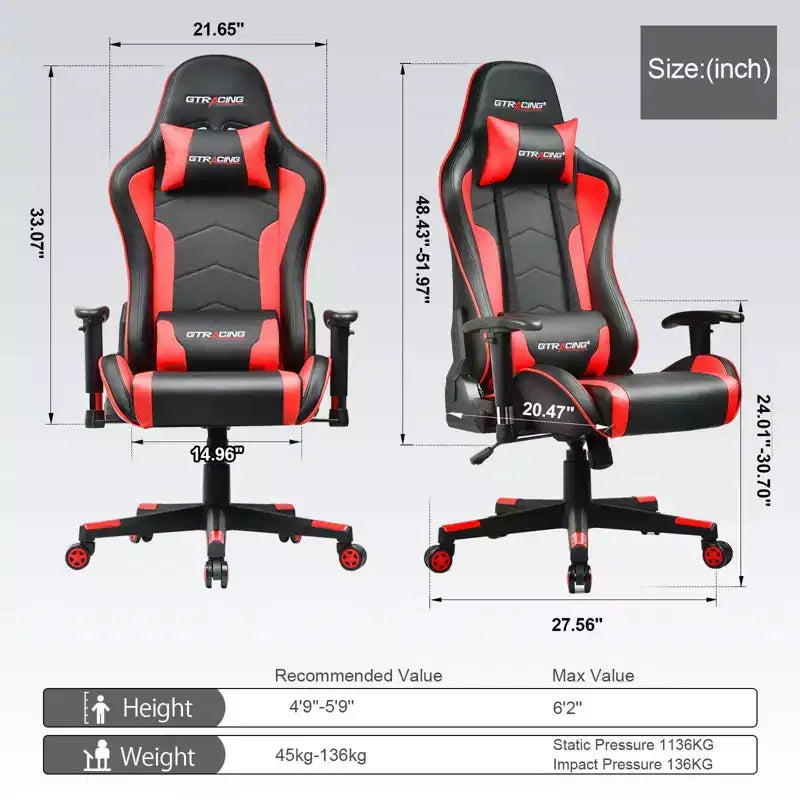 GTRACING Gaming Chair with Bluetooth Speakers High Back PU Office Chair Red