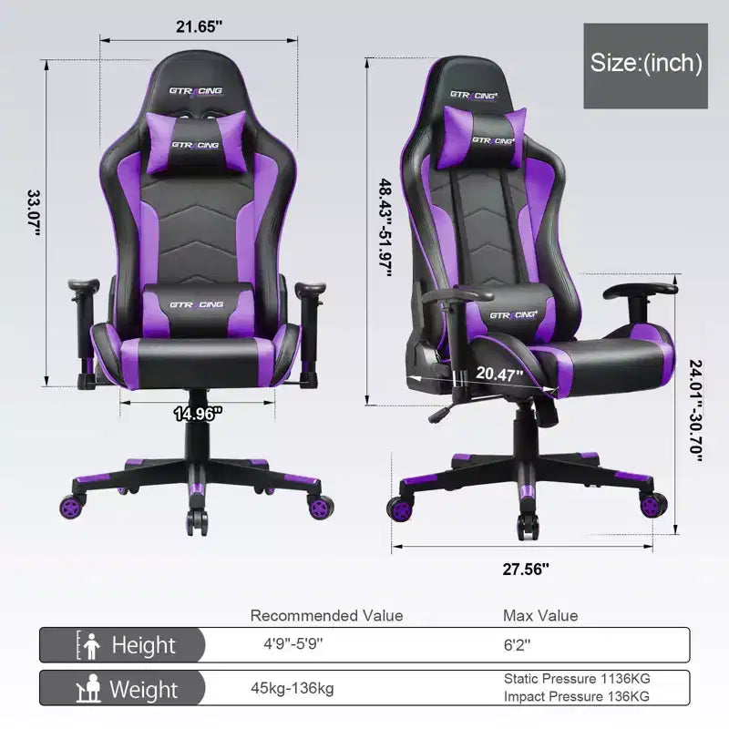 GTRACING Gaming Chair with Bluetooth Speakers High Back PU Office Chair Purple