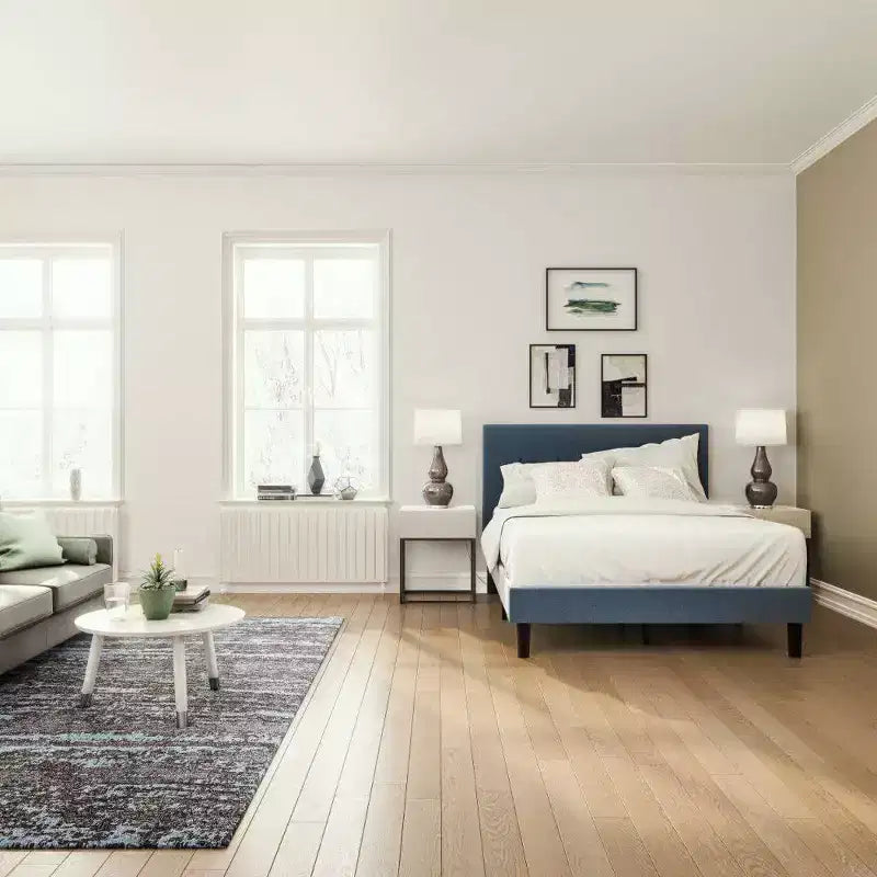 King Omkaram Upholstered Platform Bed Frame Navy - Zinus: Steel Frame, No Box Spring Needed, Foam-Padded Headboard