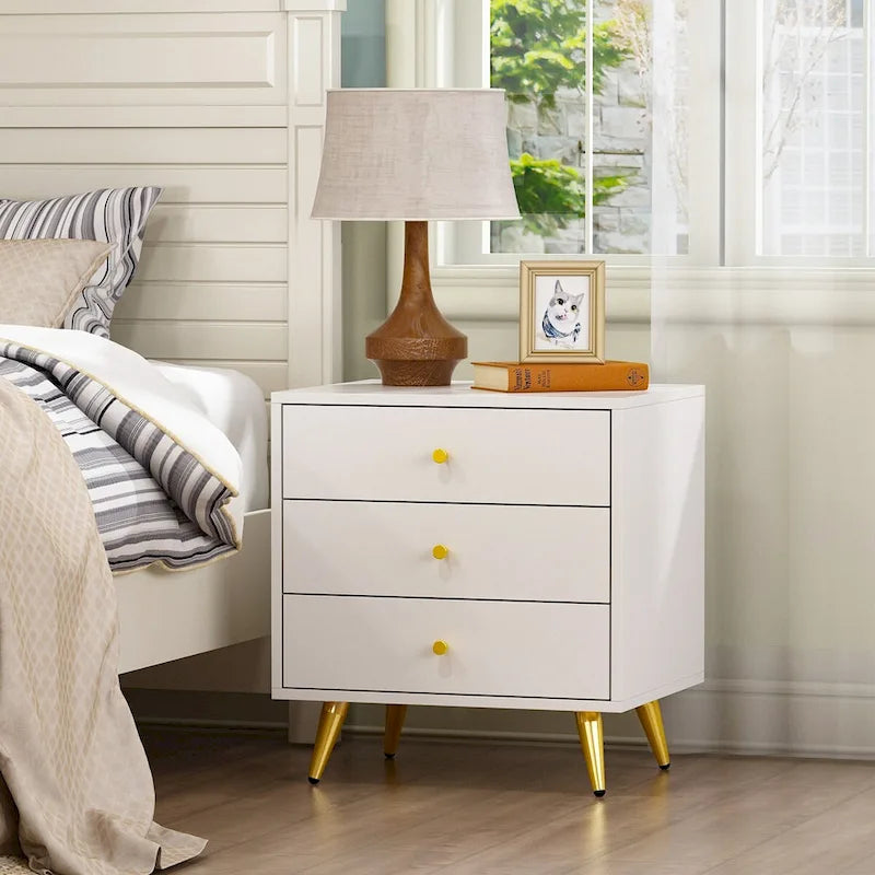 White Nightstands Bedside Table End Table Gold Metal Legs1 Pcs