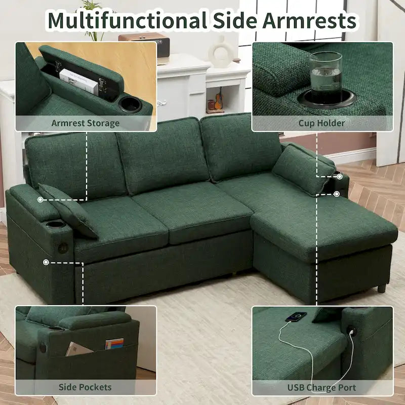 80 L-Shaped Sofa Couch Bed, Sofa Sleeper with Pull Out Bed, Reversible Sleeper Sofa Bed
