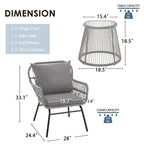3-Piece Patio Conversation Bistro Set, Outdoor Rattan Furniture Set with Glass Table & 2 Wide Armchairs, Seat Cushions