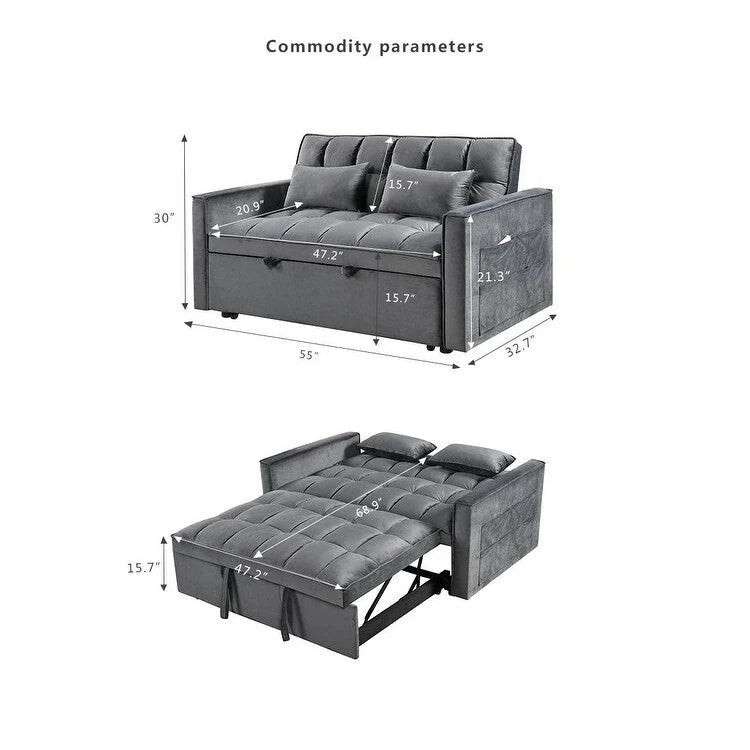Modern Velvet Futon Loveseat with Reclining Backrest & Pockets, Seats 2 â€?Dark Gray / Light Gray / Blue / Black