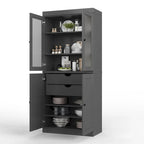 100% Solid Wood Pantry Cabinet with Frosted Glass Doors, Solid Doors, 2-Drawers and Adjustable Shelves