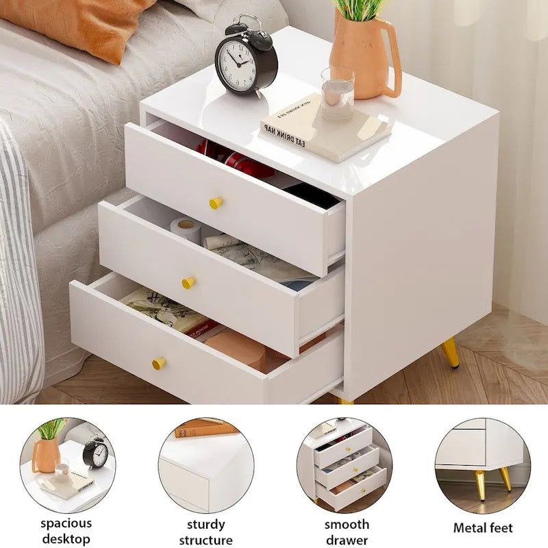 White Nightstands Bedside Table End Table Gold Metal Legs1 Pcs