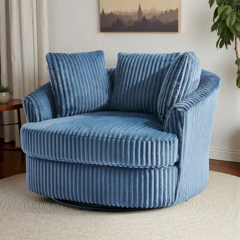 Oversized 43 W Plush Corduroy Recessed Arm Swivel Barrel Chair