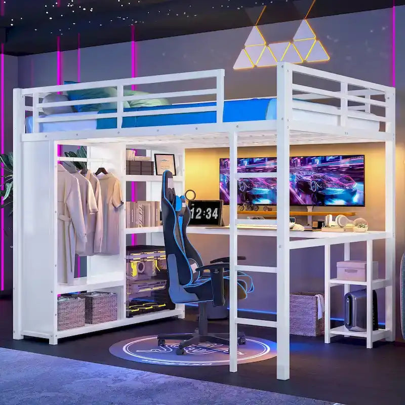 Queen Loft Bed - Built-in Wardrobe & Desk, Metal Frame with Shelves