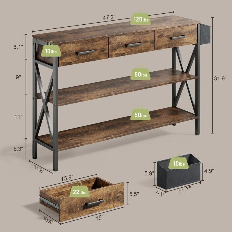 Console Table with 3 Drawers, Entryway Sofa Table with 3 Tier Storage Shelves