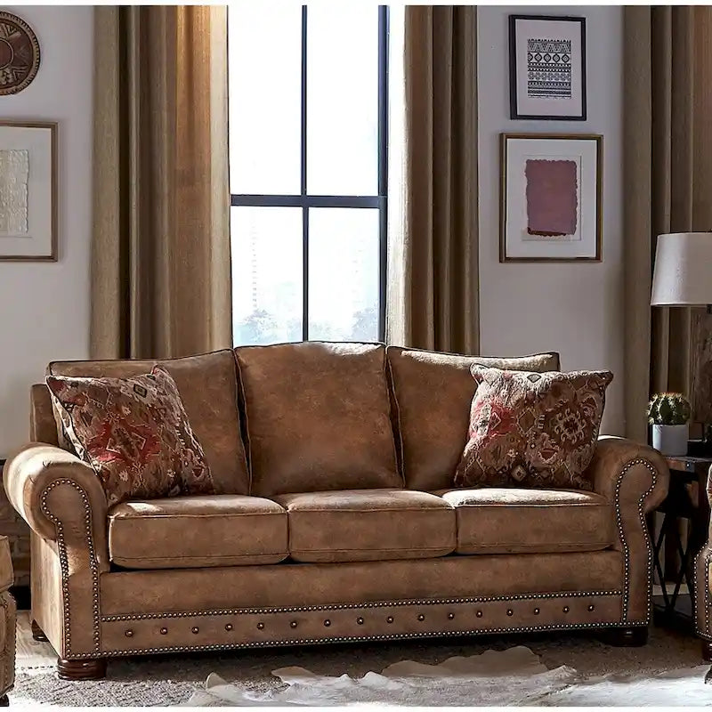 Rancho Rustic Brown Buckskin Fabric Upholstered Sleeper Sofa - 37 x 86 x 40